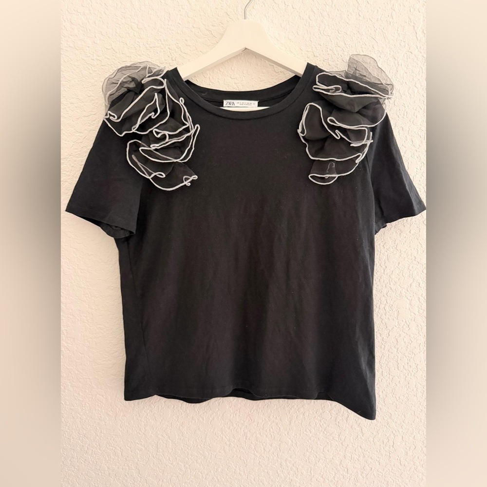 ZARA Black Chiffon Frill Shoulder T-Shirt | Statement Ruffle Sleeve Top